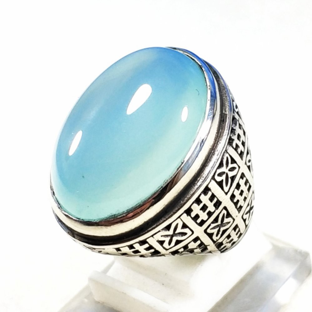 CINCIN BATU AKIK NATURAL BIRU SPIRTUS CHALCEDONY BIG SIZE MUMBUL BOSS TERMURAH