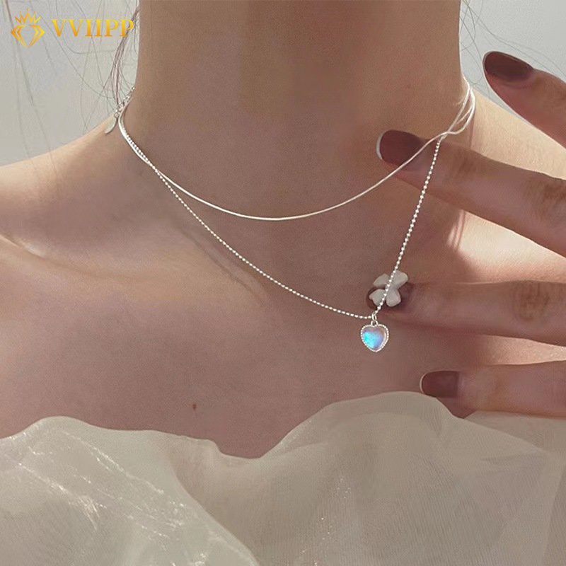 Kalung Choker Rantai Klavikula Hias Liontin Batu Bulan Hati Ganda Warna Silver Gaya Korea