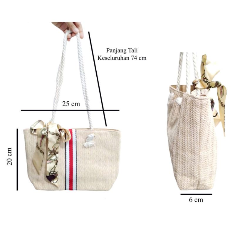 Tas Pita Anyam Wanita Strip TW211 Gold Scarf Pattern Woven Straw Shoulder Bag Simple Elegan