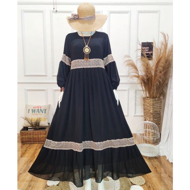 gamis seruty babydoll lengan tangan balon//Gamis Ceruty Renda Balon (PROMO) (COD√)