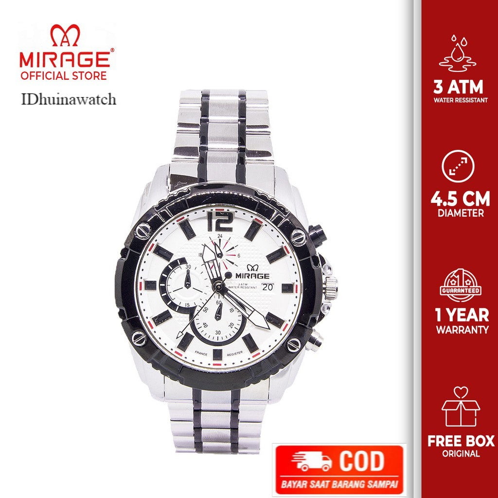 Jam Tangan Keren Mirage Official Original Garansi Resmi Asesoris Laki Kasual Silver List Hitam 8714M