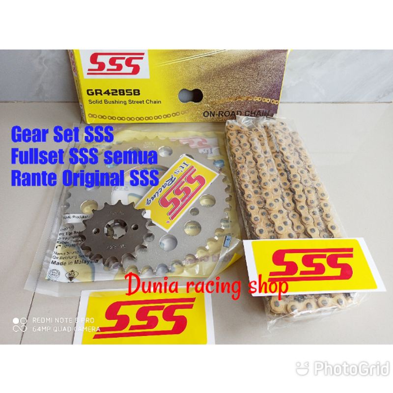 Gear set sss Gir set sss 428 Vixion MX king Ninja R Ninja RR Ninja S CB 150 CBR Tiger Megapro Satria Fu GSX Verza Sonic 150 RX king Jupiter MX Supra GTR 150 Byson Vega R NJMX F1ZR Sigma RXZ Scorpio Karisma Supra 125 Smash Shogun Rante SSS 428 Gold