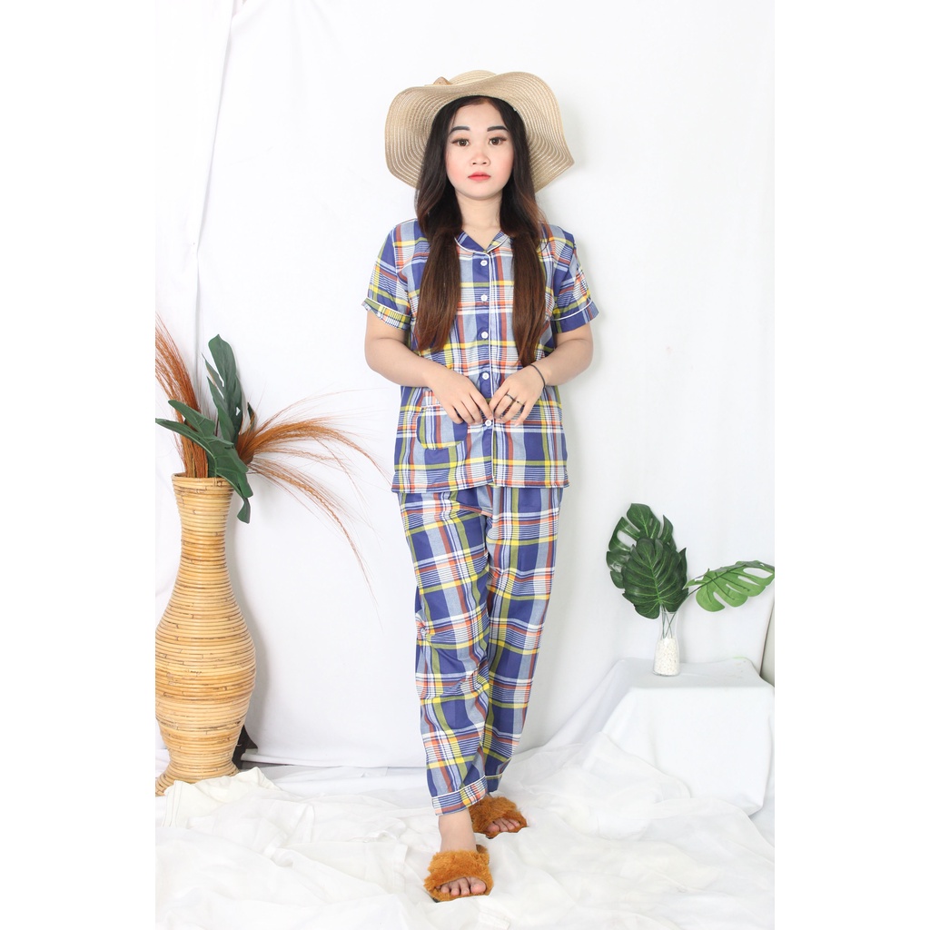 OKHISHOP - CP1 Piyama Pajamas CP Baju Tidur Piyama Wanita Dewasa Setelan CP Motif Trendy Karakter Kotak Guilen-CP Kotak Navy