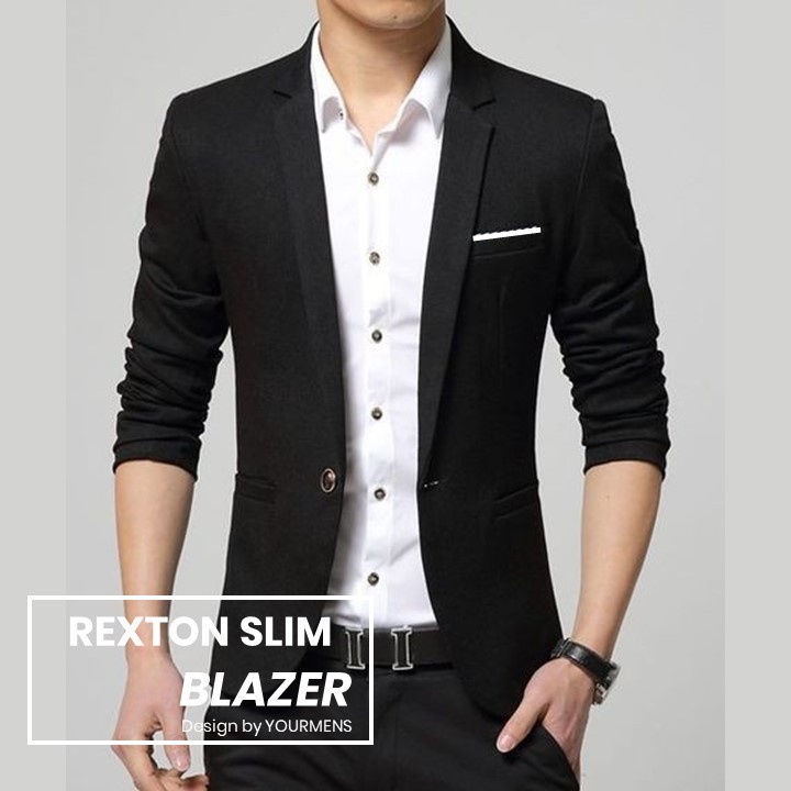 BLAZER PRIA PREMIUM WARNA HITAM SLIMFIT ORGINAL NIKAYU ONE BUTTON REXTON BLACK CASUAL SUIT