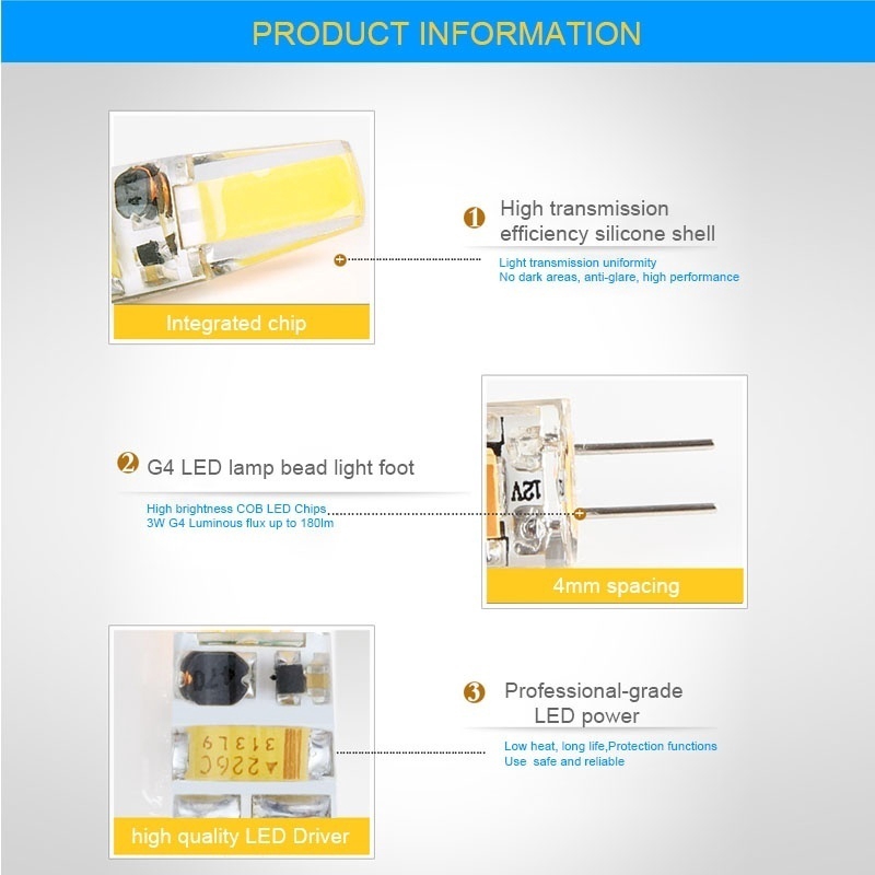 Lampu Bohlam LED COB SMD G4 AC / DC 12V 3W 6W 30W 50W Bahan Silikon Untuk Chandelier