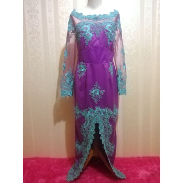 Preloved PL Gaun Pesta Jumbo Brokat Bordir Warna Ungu Bordir Toska