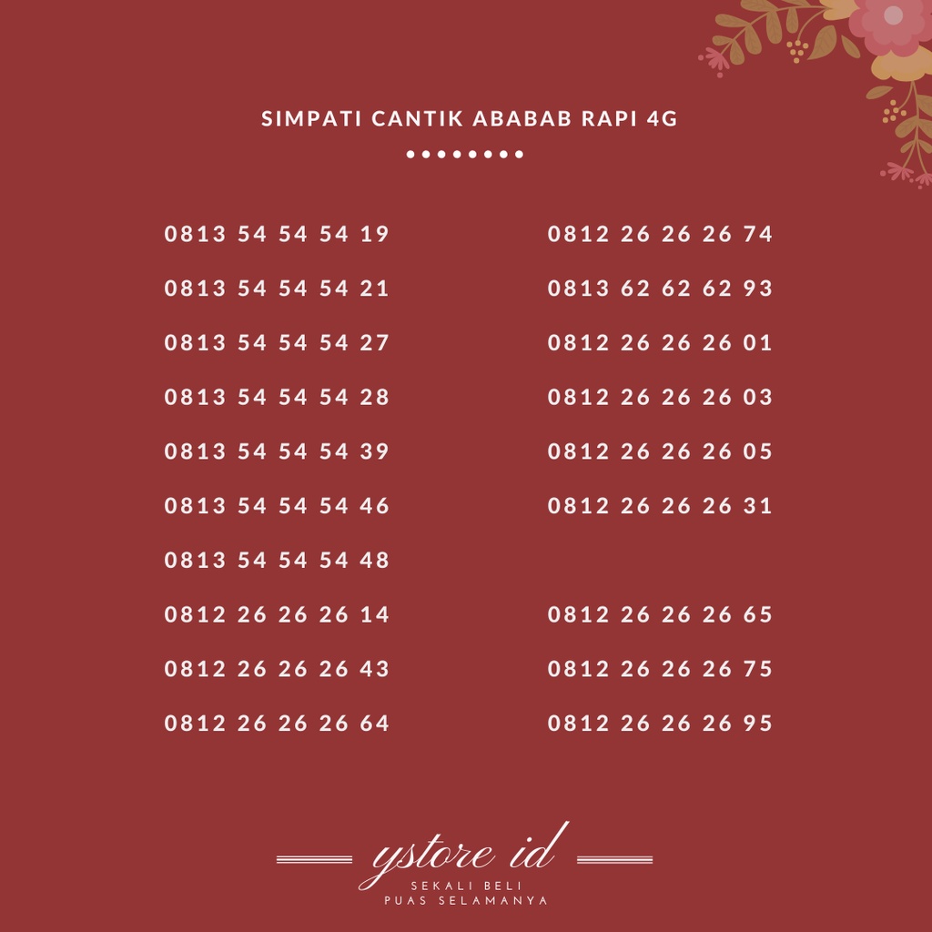 Mudah Diingat. NOMOR CANTIK SIMPATI ABAB PERDANA TELKOMSEL 4G NOMER EKOR UJUNG 545454 5454 262626 26