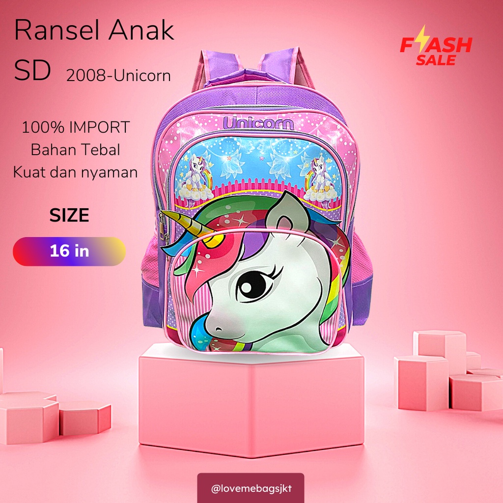 LMB Tas Anak Sekolah Perempuan SD Import Unicorn Rainbow Kualitas Premium Karakter Lucu Viral Bahan Tebal Nilon