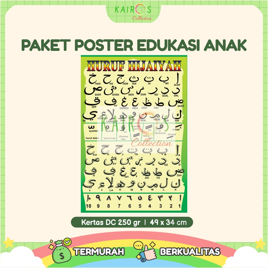 Paket 6 Poster Dinding Edukasi Anak Belajar Doa, Angka, Buah, Hijaiyah, Huruf ABC, Binatang