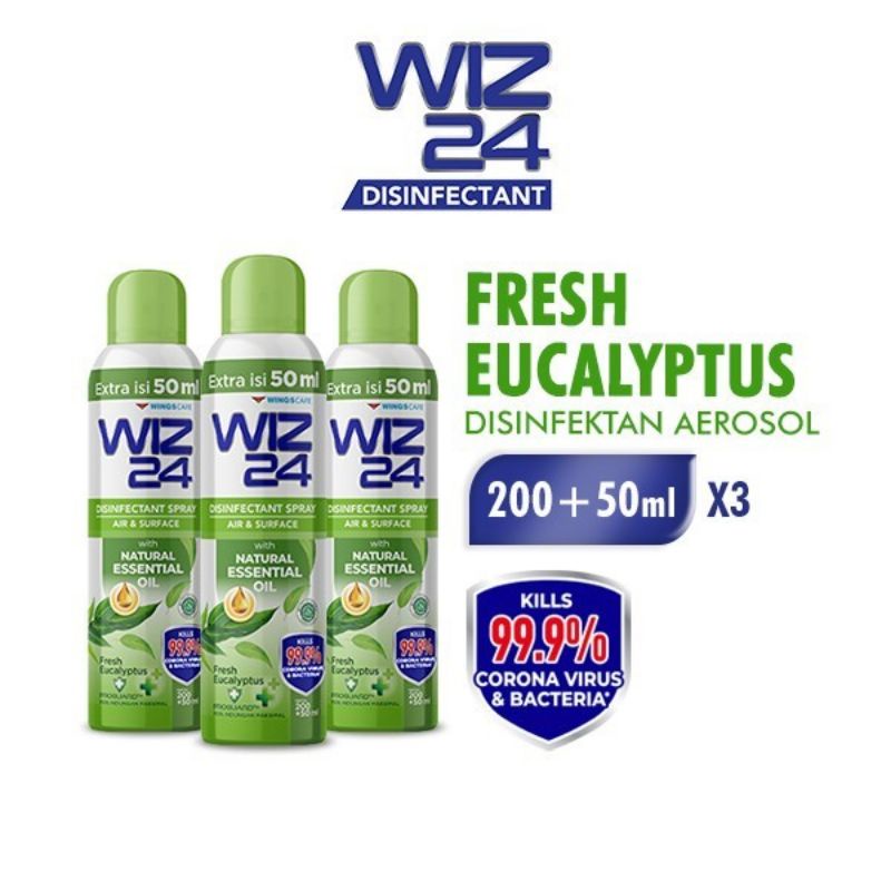 Wiz 24 Natural Disinfectant Aerosol Eucalyptus 200ml x3 Free Totebag
