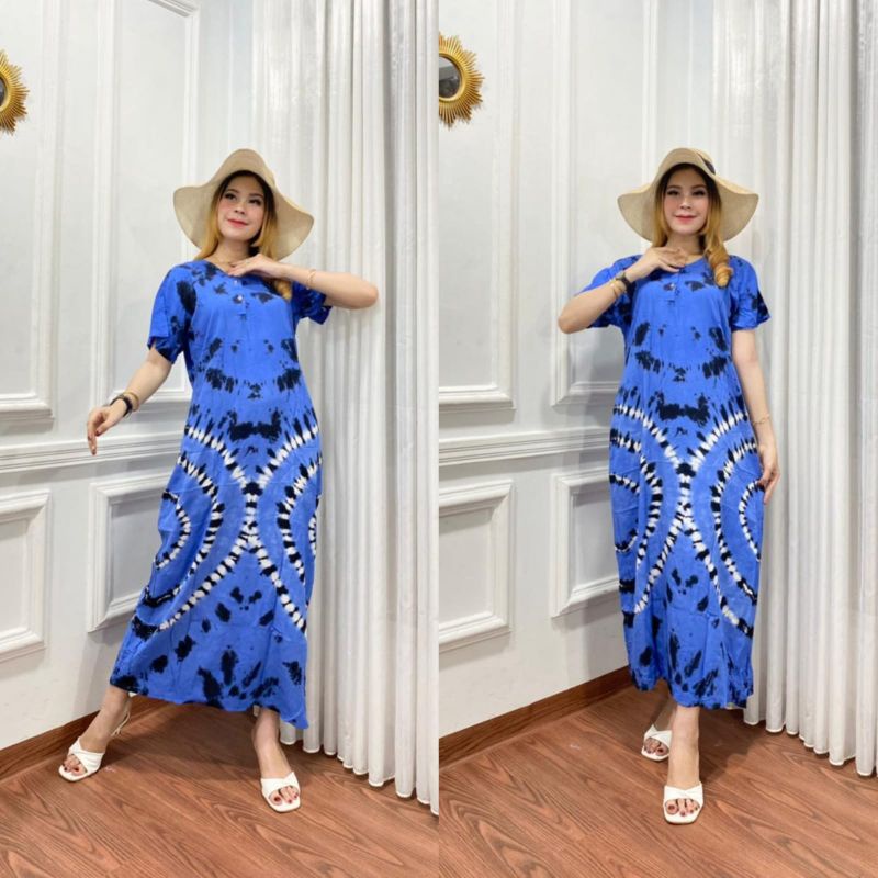 Daster panjang galaran kancing depan busui tali samping motif viral tiedye shibori-SK Cimori Biru