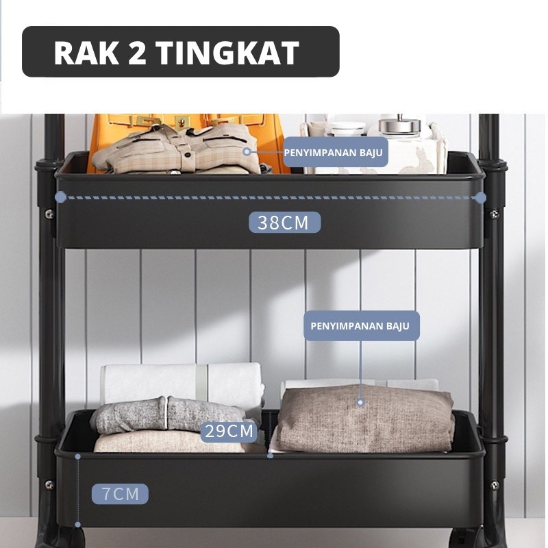 ALEXA RACK BAJU TROLI / GANTUNGAN BERDIRI DENGAN 2 RAK MINIMALIS DENGAN RODA / HANGER BAJU TAS TOPI RAK BUKU SERBAGUNA