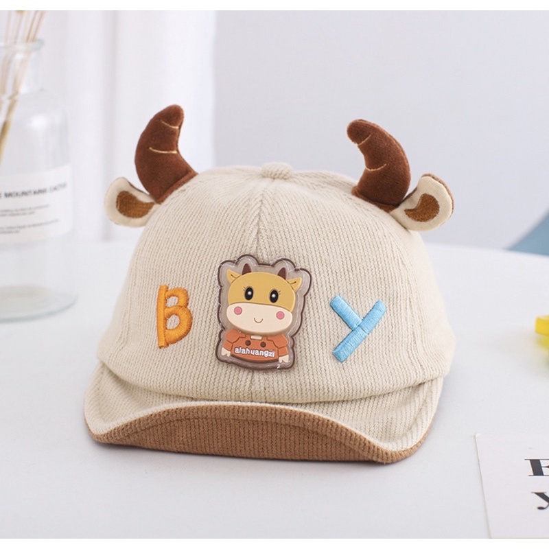 Topi Baseball Anak Bayi Balita Model Cute Cow Untuk Anak Laki Anak Perempuan-Cream