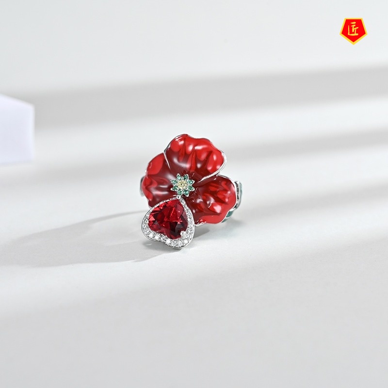 [Ready Stock]Exaggerated Rose Ruby Heart-Shaped Ring Earrings Pendant Set