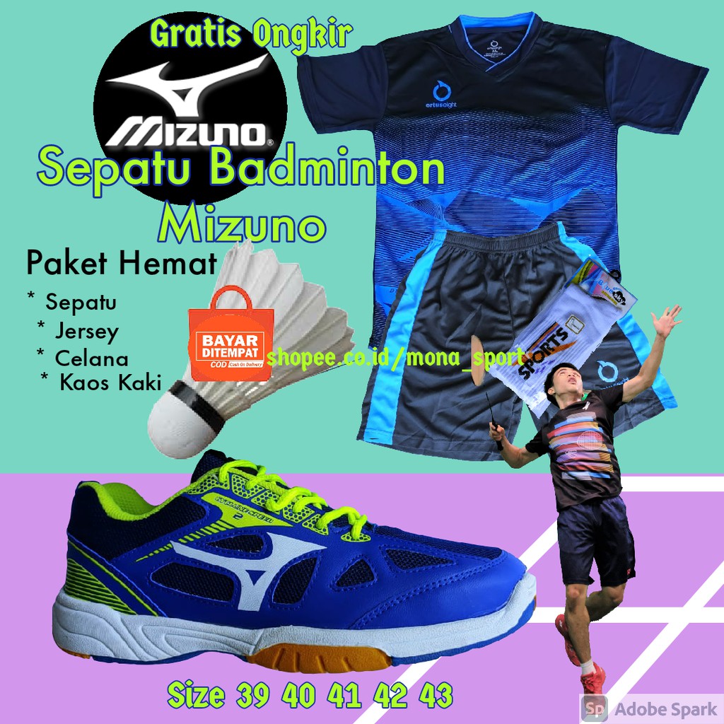 Sepatu Badminton Pria Mizuno Original Paket Sepatu Jersey Celana Kaos kaki