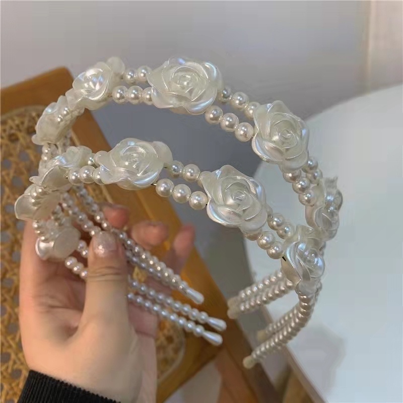 Bando Headband Desain Bunga Mawar Aksen Mutiara Untuk Aksesoris Rambut Pengantin Wanita