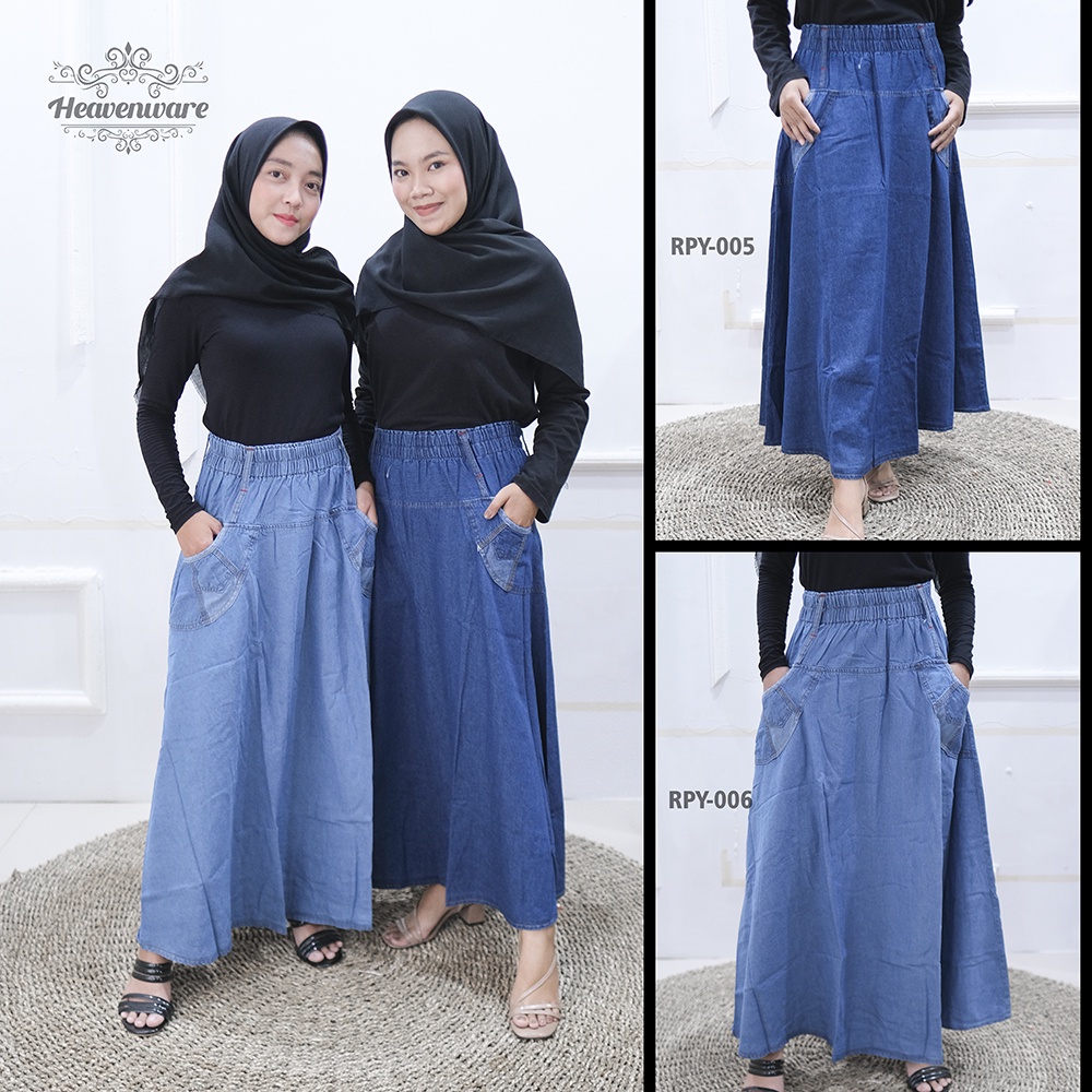 rok jeans panjang // rok jeans payung polos