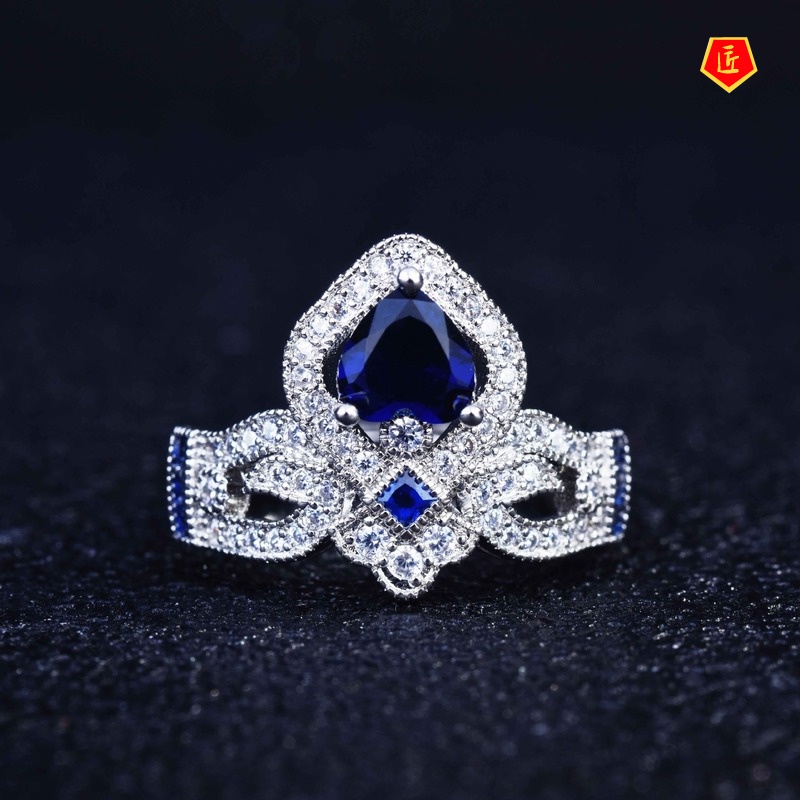 [Ready Stock]Elegant Simple Inlaid Sapphire Crown Ring