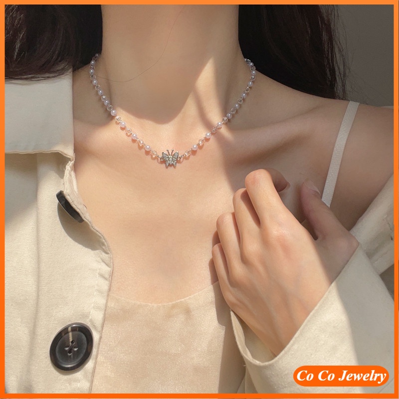 Korea Fresh Transparent Crystal Butterfly Necklace Beautiful Girl Fashion Necklace Lady Pearl String Jewelry Gift