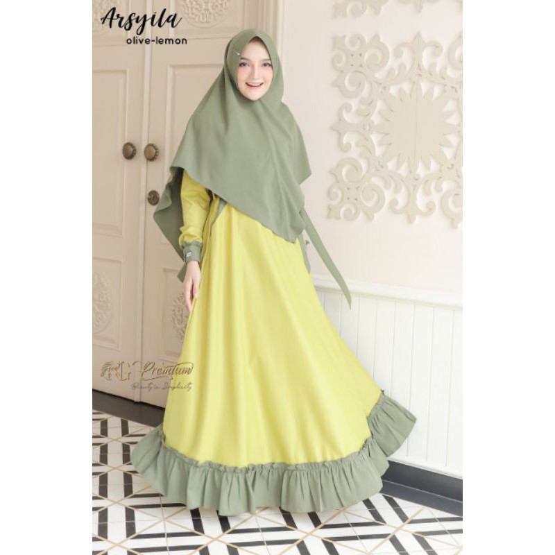 [SIAP KIRIM] Hoscollection GAMIS SYARI ARSYILA SERIES BY NARARYA - OLIVE LEMON