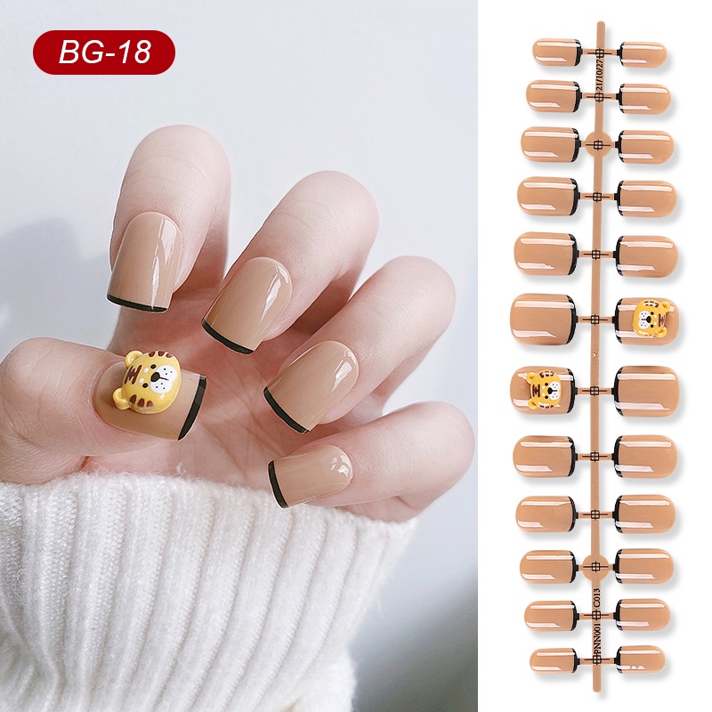 24pcs / Set Kuku Palsu Bahan Akrilik Motif Harimau / Mawar Putih / Pita Untuk Nail Art