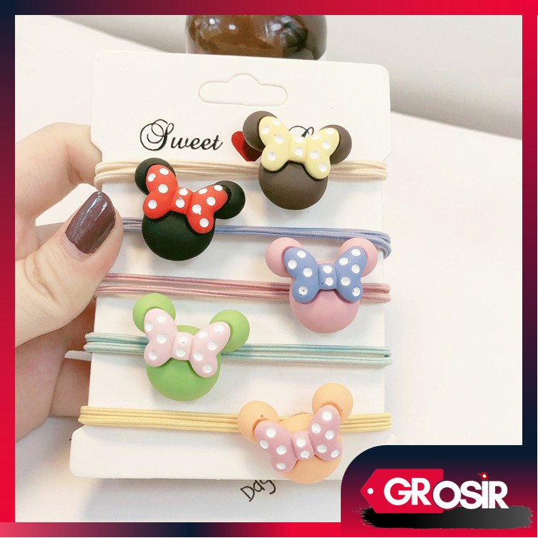 Grosir - F882 (1 PCS) Karet Rambut Motif Minnie dan Bunga / Ikat Rambut Anak / Kuncir Rambut Lucu