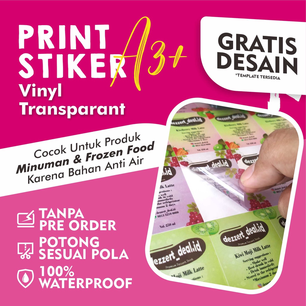 

Cetak Stiker Vinyl Transparan ukuran A3+ untuk label kemasan makanan minuman skincare MURAH