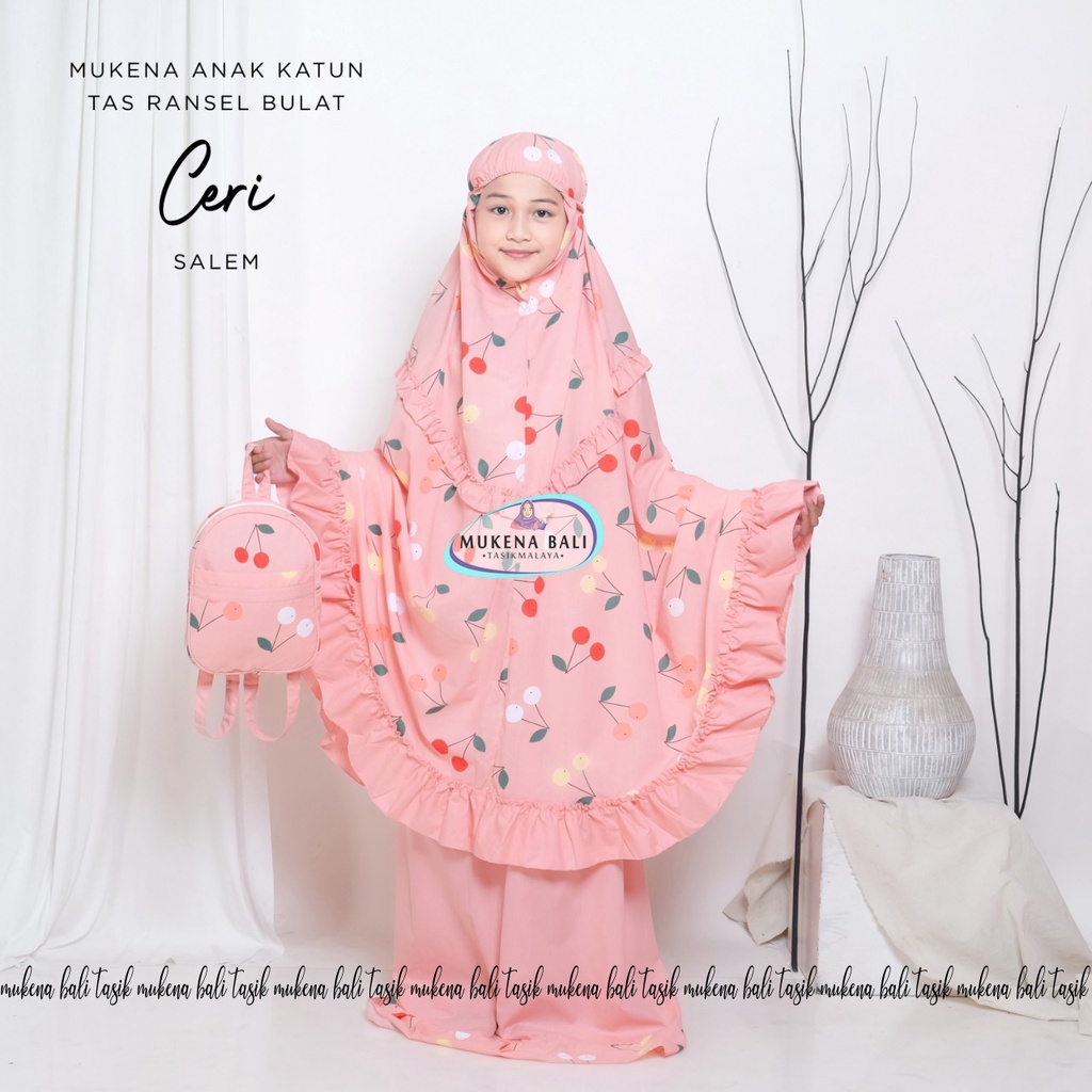 MUKENA BALI TASIK -  MUKENA ANAK KATUN MOTIF CERI (TAS BULAT)