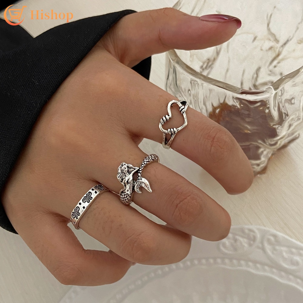 3pcs / Set Cincin Adjustable Desain Hati Butterfly Mermaid Untuk Wanita