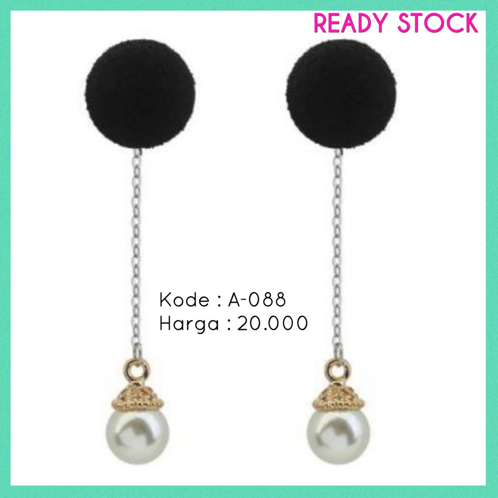 Anting tusuk - A-088 - panjang - ball hitam dengan mutiara