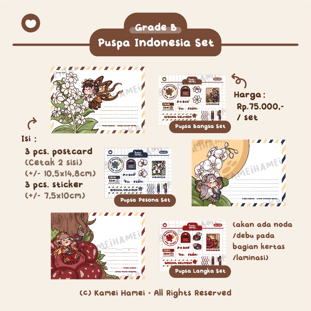 

Terlaris ✨ - Puspa Indonesia Grade B Set | Kamei Hamei Postcard & Sticker Set3.1.23