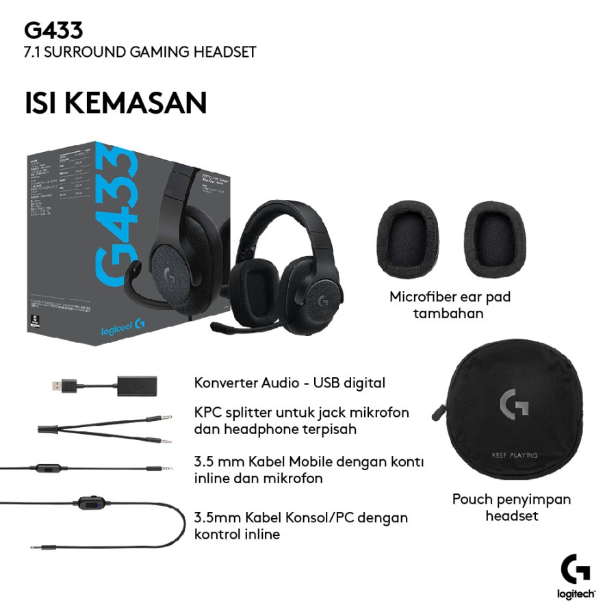 Headset Gaming Logitech G433 7.1 Surround Sound