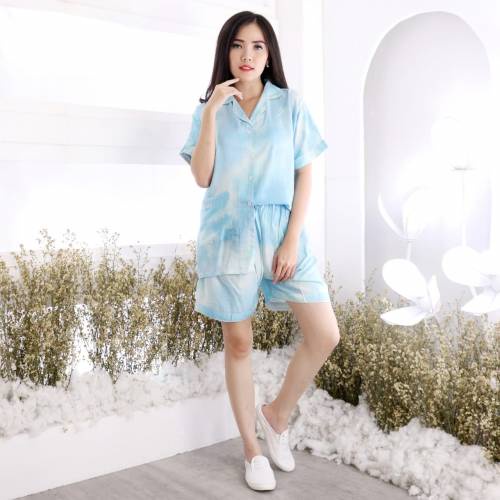 Setelan Piyama Wanita Pendek HP Satu Set Tie Dye Rosei Jumbo XXL Big Size Baju Tidur Wanita Cewek Casual Setelan Rayon One Set Cantik-MYDA BLUE