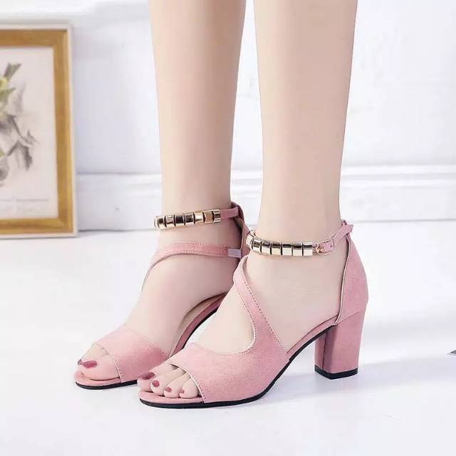 Sandal heels hak tahu wanita 50D sandal heels selempang vintage