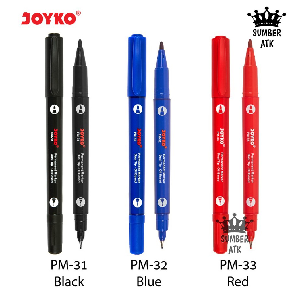 

Permanent Marker Spidol Permanen Joyko PM-31 Black PM-32 Blue PM-33 Red Dual Tip