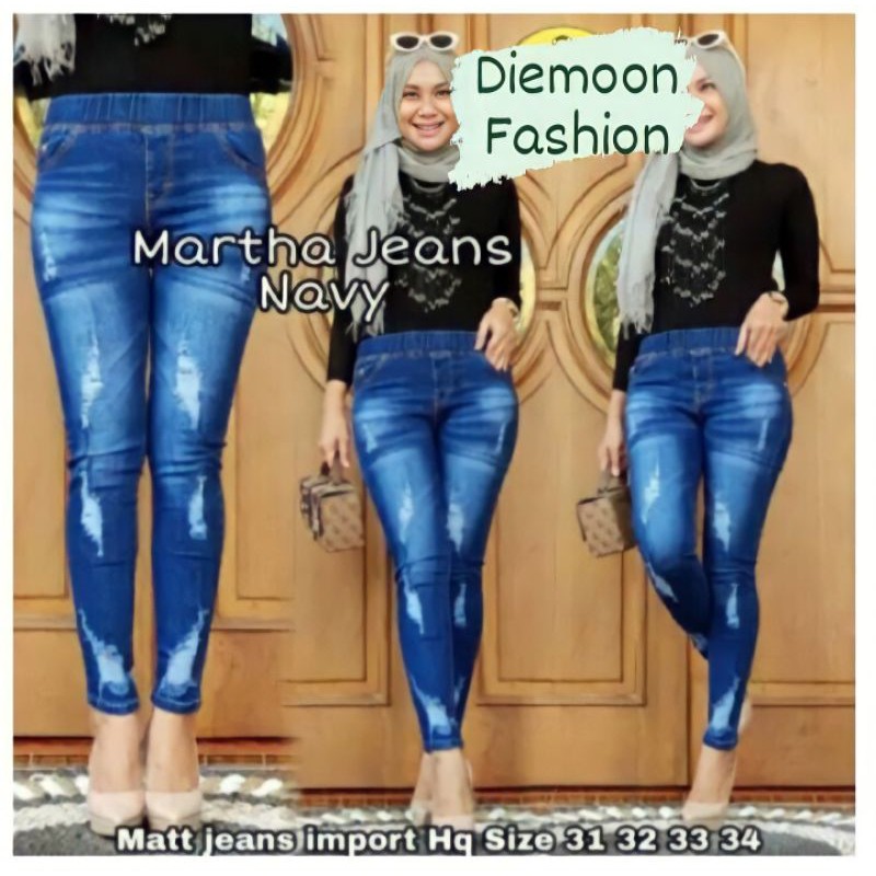 Martha jeans melar pinggang full karet. ripped jeans [Rsl]