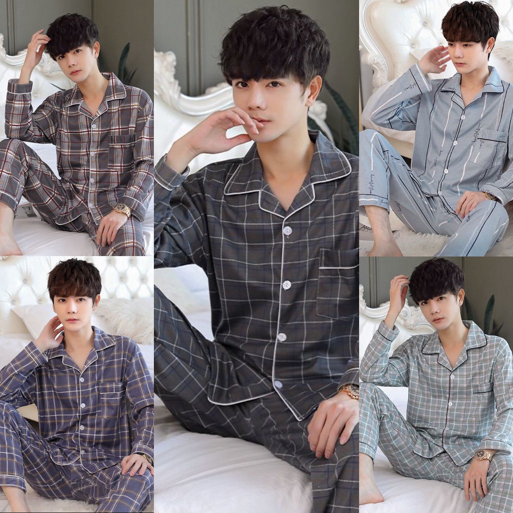 Baju Tidur Piyama Cowok Motif Kotak Kotak Model Kemeja PP Lengan Panjang Celana Panjang Import