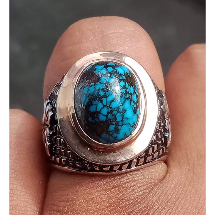 batu cincin pirus persia urat hitam ring perak handmade bukan bacan kalimaya yaman bulu macan