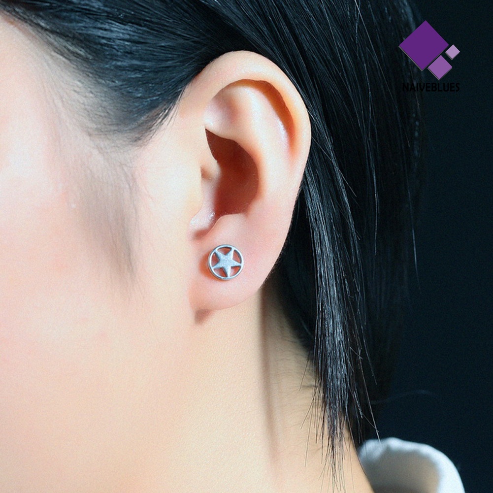 Anting Stud Bentuk Bintang Barbell Bahan Stainless Steel Gaya Punk Untuk Pria Dan Wanita