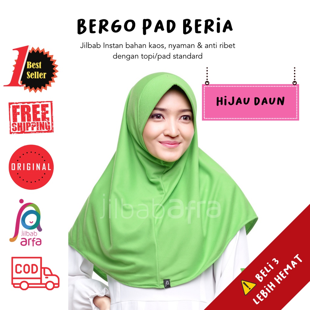 Jilbab Beria Hijau Daun  - Bergo Jilbab Afra - Hijab Instan Bahan Kaos,Jilbab sekola,Adem,Lembut