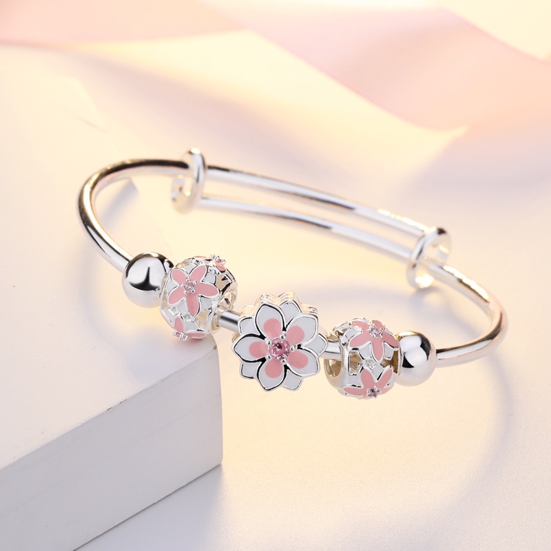 Gelang Bahan Sterling Silver S925 Desain Bunga Sakura Hati Angsa Aksen Mutiara Gaya Korea Untuk Wanita