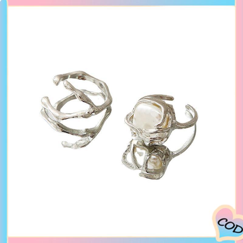 COD❤️ 2PCS Kreatif Sederhana Temperamen Pembukaan Mutiara Tidak Teratur Cincin Dapat Disesuaikan-A.one