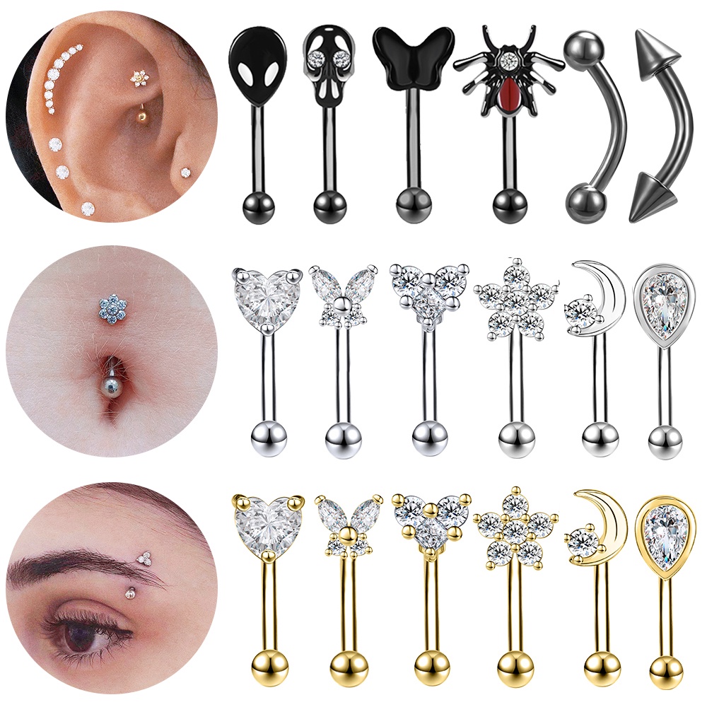 1pc Anting Tindik Bibir / Alis / Tulang Rawan Telinga / Pusar Desain Bunga Kristal Hitam Bahan Stainless Steel