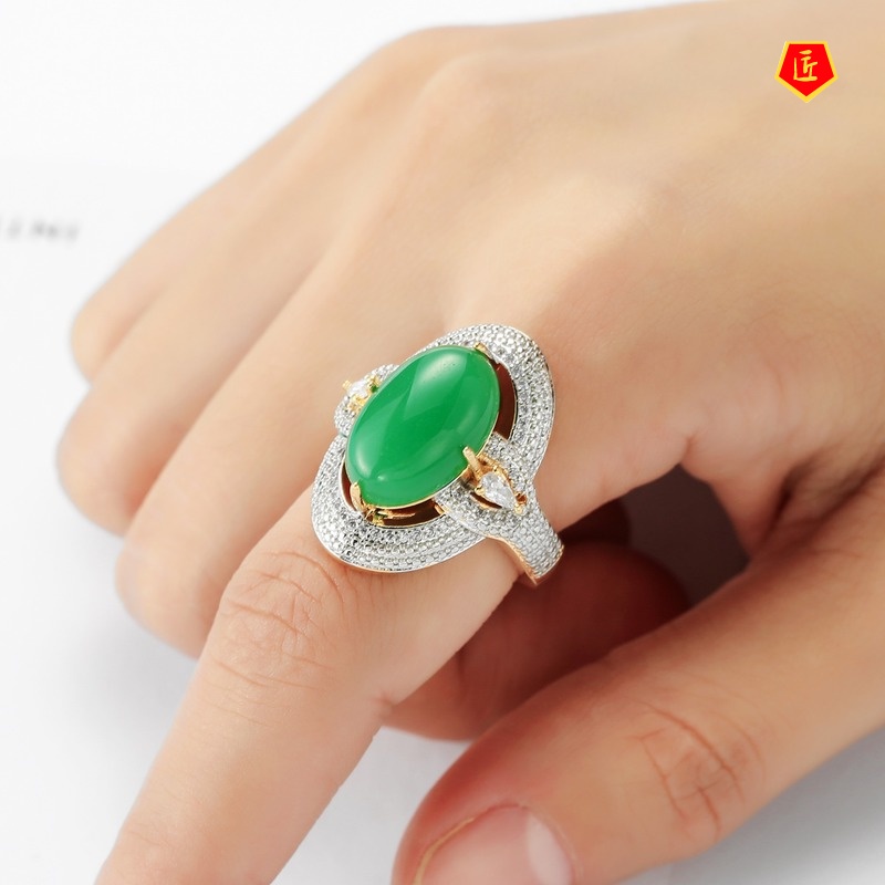 [Ready Stock]18K Gold Color Separation Inlaid Green Chalcedony Full Diamond Ring Luxury Elegant