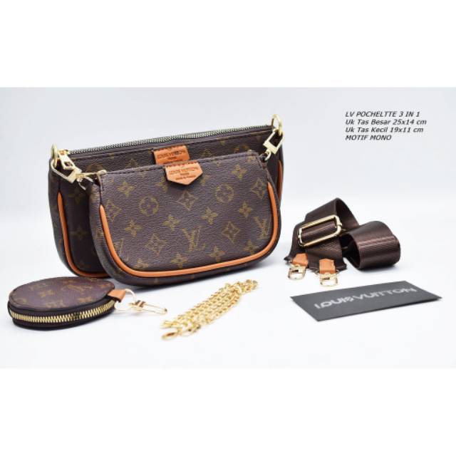 TAS LV BAGS PRICE  MULTI POCHETTLE KULIT SEMPREM 3 IN 1 TALI PANJANG 2PCS