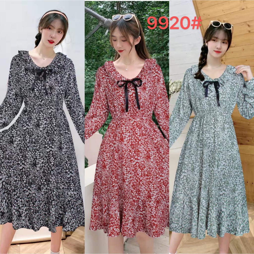 Gaun Wanita Motif Floral Dress Vintage Korean Style 9920 - 9925-3