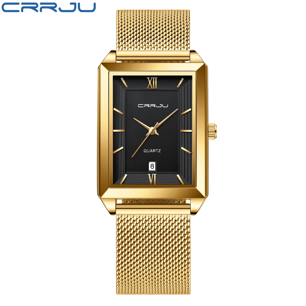 CRRJU Watch Men Top Brand Luxury Square Golden Quartz Stainless Steel Jam Tangan Tahan Air