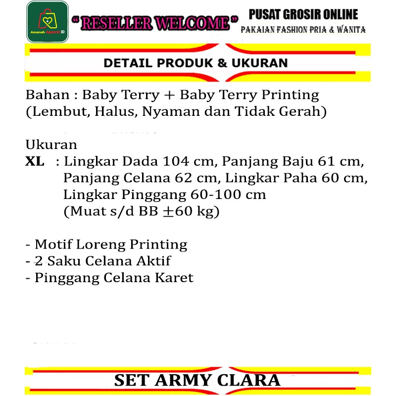 Baju Setelan Wanita ARMY CLARA Babyterry Celana Loreng Tanggung XL / 20255