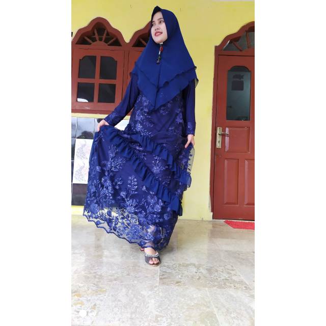 Gamis brokat tumpuk biru Dongker xl