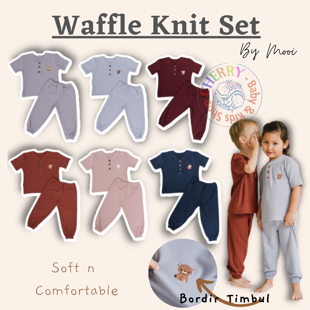 Mooi Setelan Waffle Knit Set - Mooi Setelan Baju pendek Celana Panjang Waffle Anak CBKS